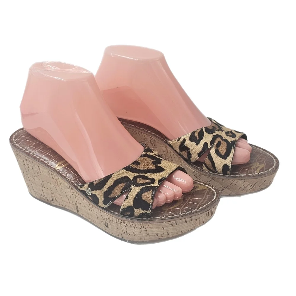 Sam Edelman Reid Leopard Calf Hair Cork Wedge Slide Sandals Platform Size 8